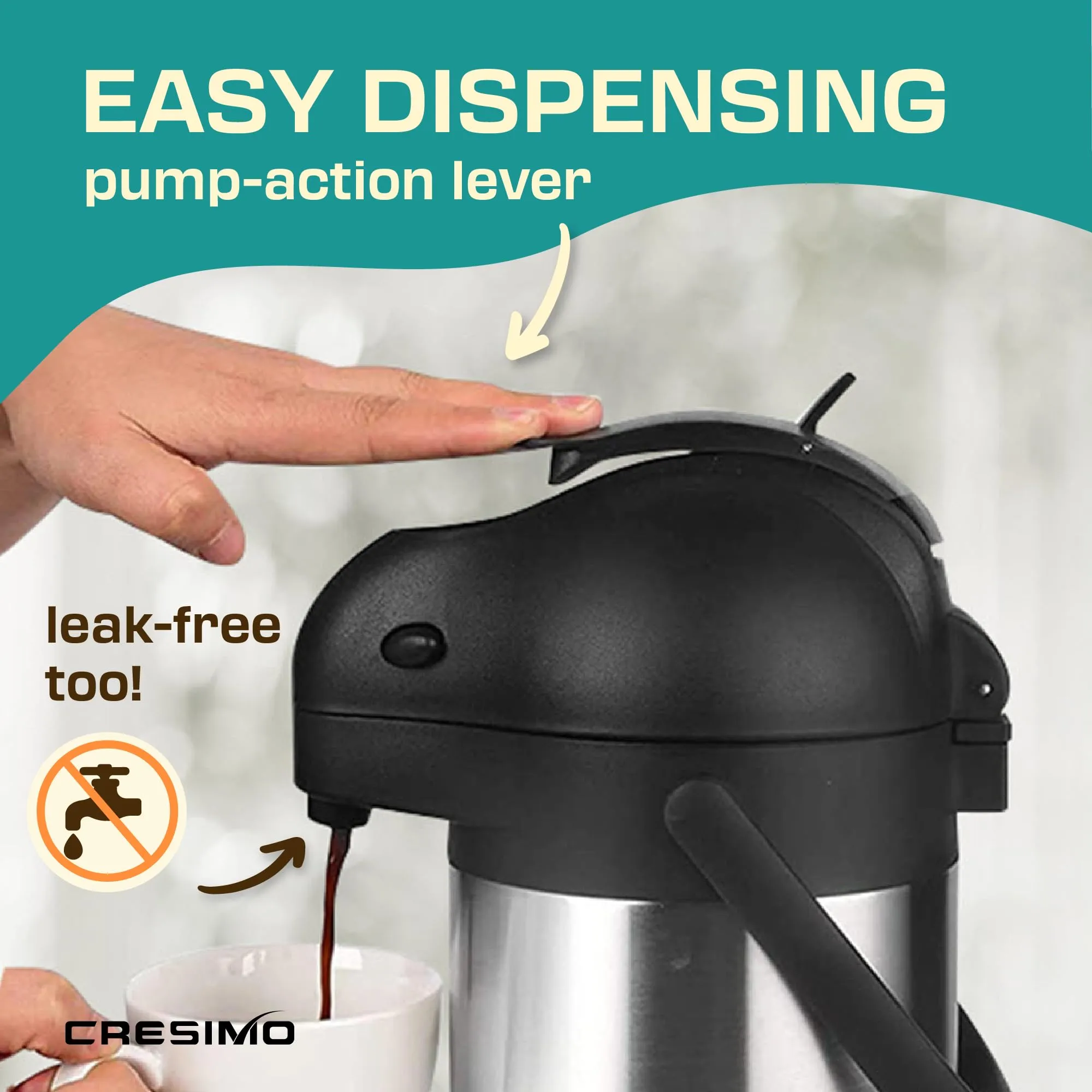 Cresimo 101 Oz (3L) Airpot Thermal Coffee Carafe/Lever Action/Stainless Steel Insulated Thermos / 12 Hour Heat Retention / 24 Hour Cold Retention (Airpot with Drip Tray)