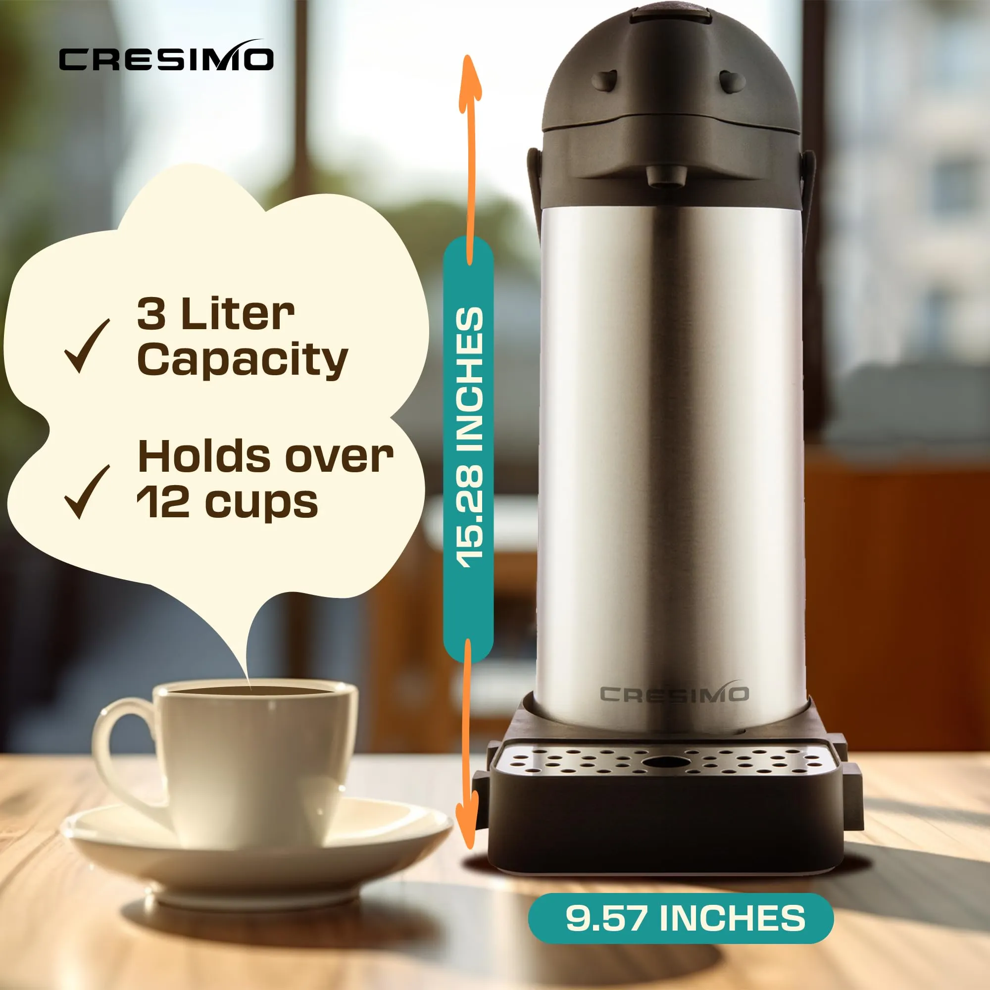 Cresimo 101 Oz (3L) Airpot Thermal Coffee Carafe/Lever Action/Stainless Steel Insulated Thermos / 12 Hour Heat Retention / 24 Hour Cold Retention (Airpot with Drip Tray)