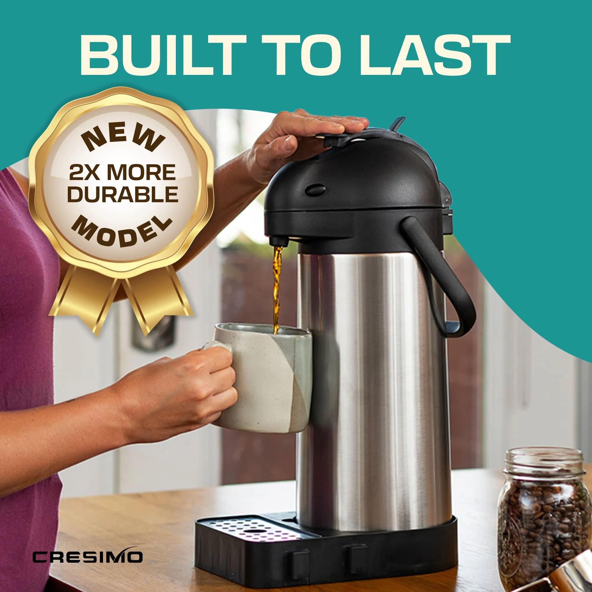 Cresimo 101 Oz (3L) Airpot Thermal Coffee Carafe/Lever Action/Stainless Steel Insulated Thermos / 12 Hour Heat Retention / 24 Hour Cold Retention (Airpot with Drip Tray)