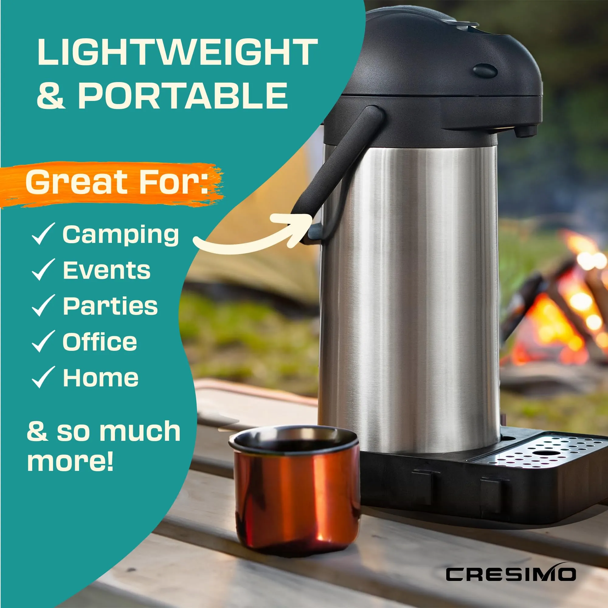 Cresimo 101 Oz (3L) Airpot Thermal Coffee Carafe/Lever Action/Stainless Steel Insulated Thermos / 12 Hour Heat Retention / 24 Hour Cold Retention (Airpot with Drip Tray)