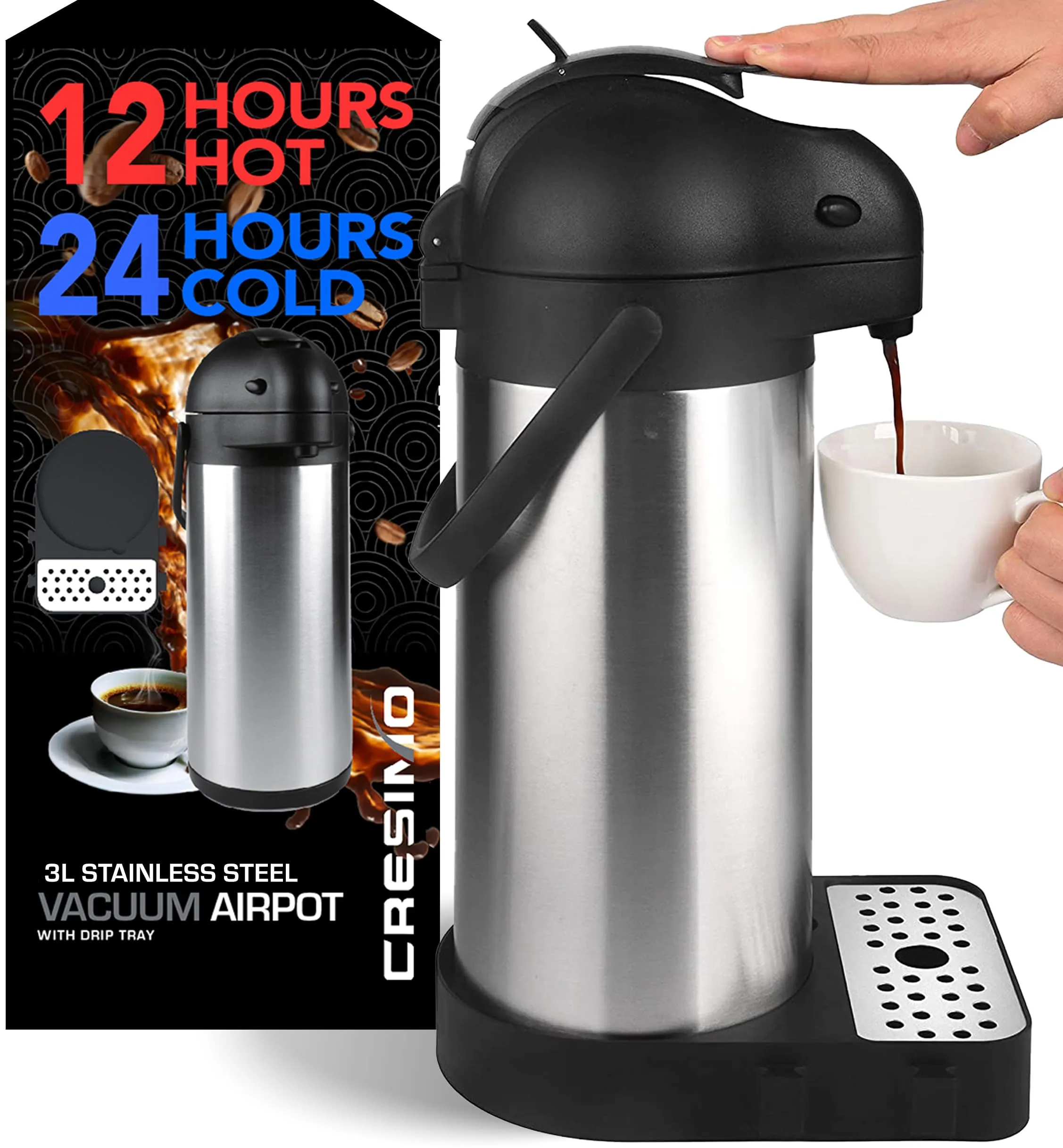 Cresimo 101 Oz (3L) Airpot Thermal Coffee Carafe/Lever Action/Stainless Steel Insulated Thermos / 12 Hour Heat Retention / 24 Hour Cold Retention (Airpot with Drip Tray)