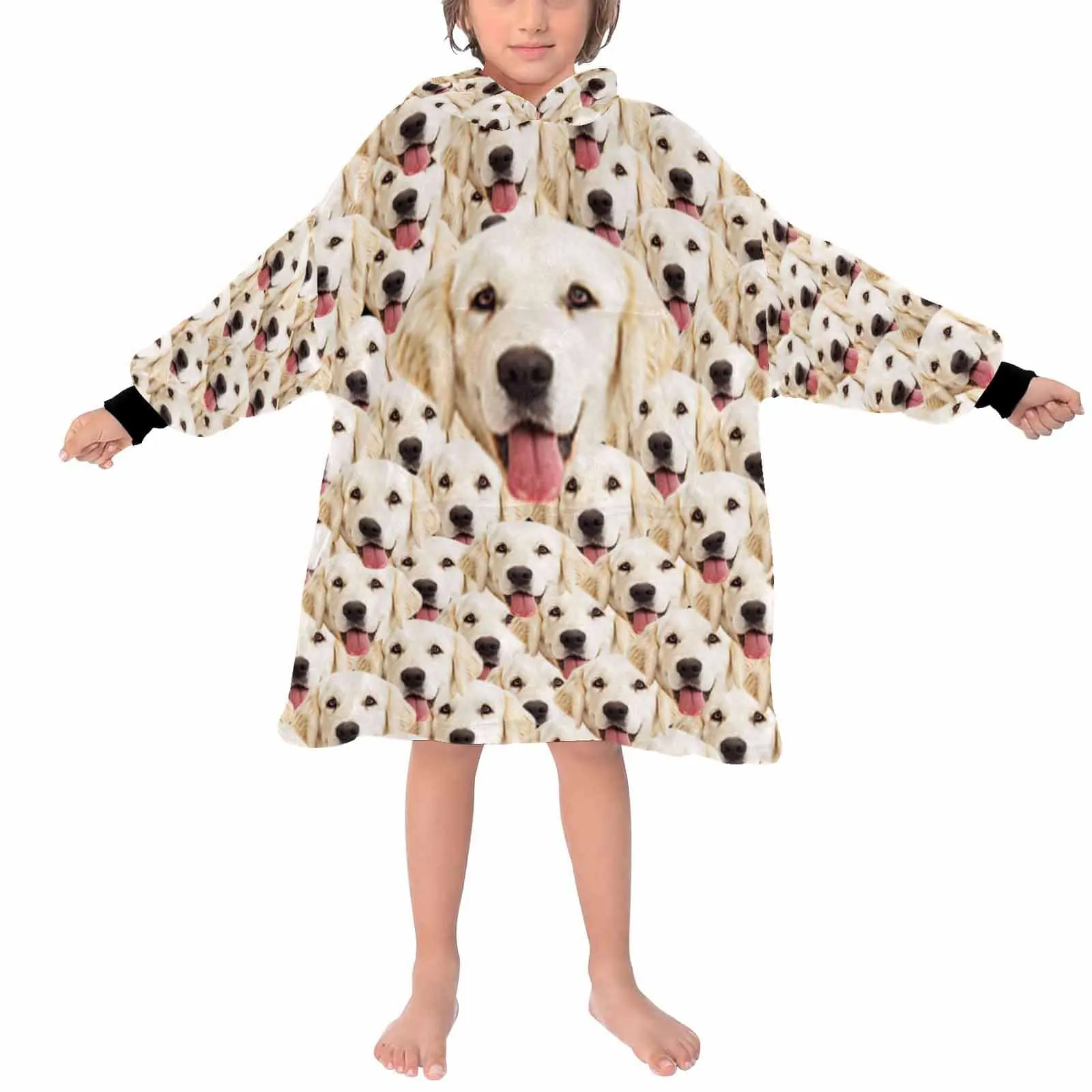 Custom Dog's Face Seamless Kids Hooded Pajama Fleece Loungewear