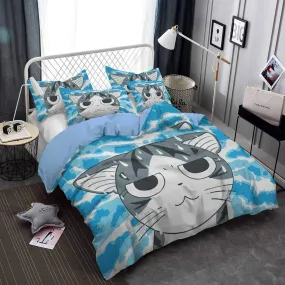 Cute anime cat bedding, toddler bedding, kids duvet cover set, gift for cat lovers, baby bedding, baby shower gift, blue bedding