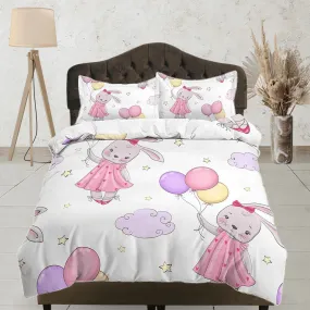 Cute Bunny with Balloons Bedding, Duvet Cover Set & Pillowcase, Zipper Bedding, Dorm Bedding, Teens Adult Duvet King Queen Full Twin Single