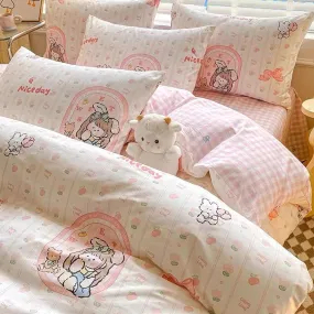 Cute Kawaii Bunny Girl Pink Cotton Bedding Duvet Cover Set Single Twin Queen Size