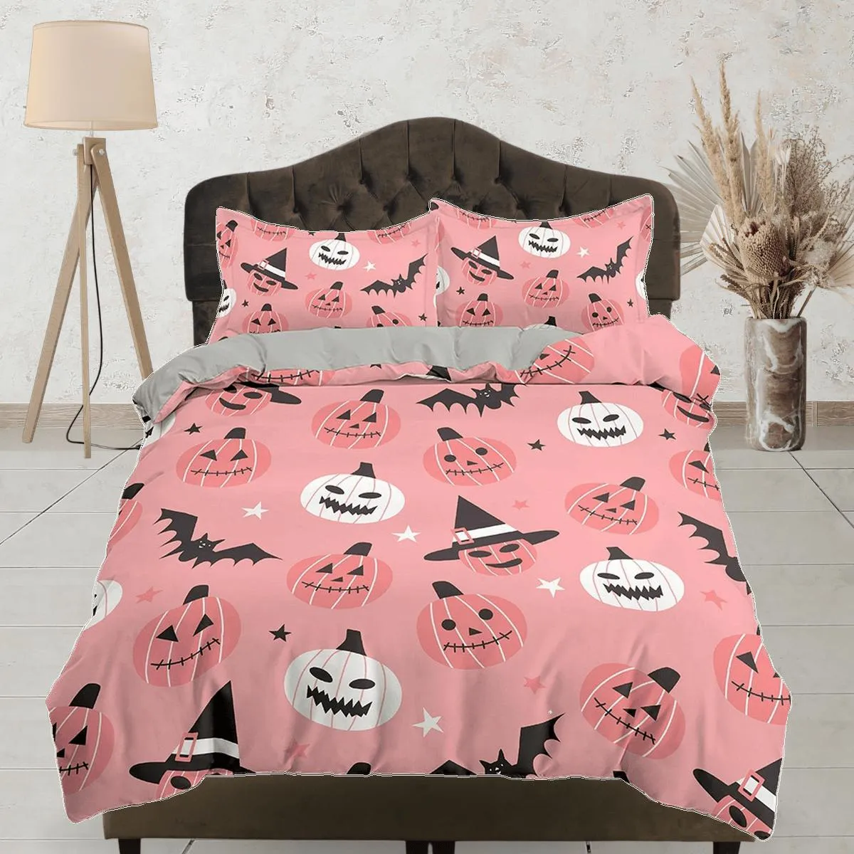 Cute pink halloween bedding & pillowcase, witchy duvet cover set dorm bedding, halloween decor, nursery toddler bedding, halloween gift