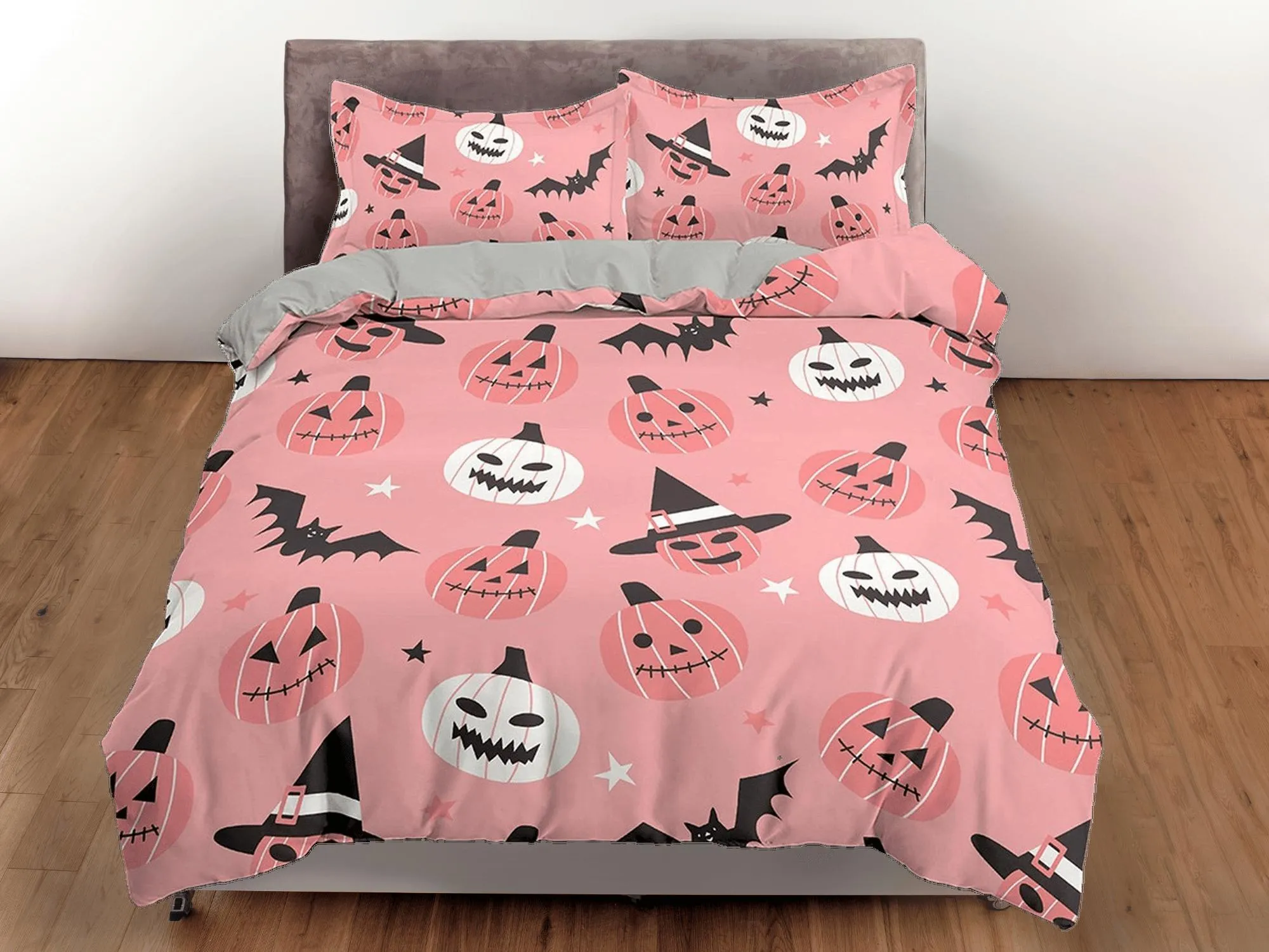 Cute pink halloween bedding & pillowcase, witchy duvet cover set dorm bedding, halloween decor, nursery toddler bedding, halloween gift