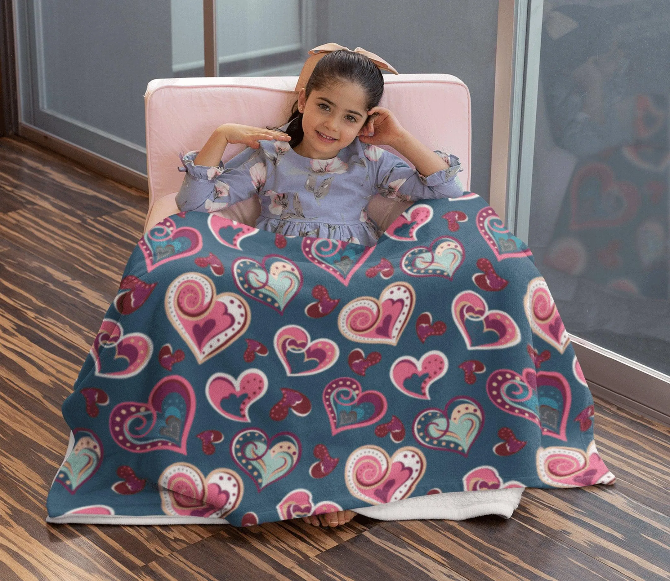 Cute Pink Hearts Pattern Soft Fluffy Velvet Flannel Fleece Throw Blanket