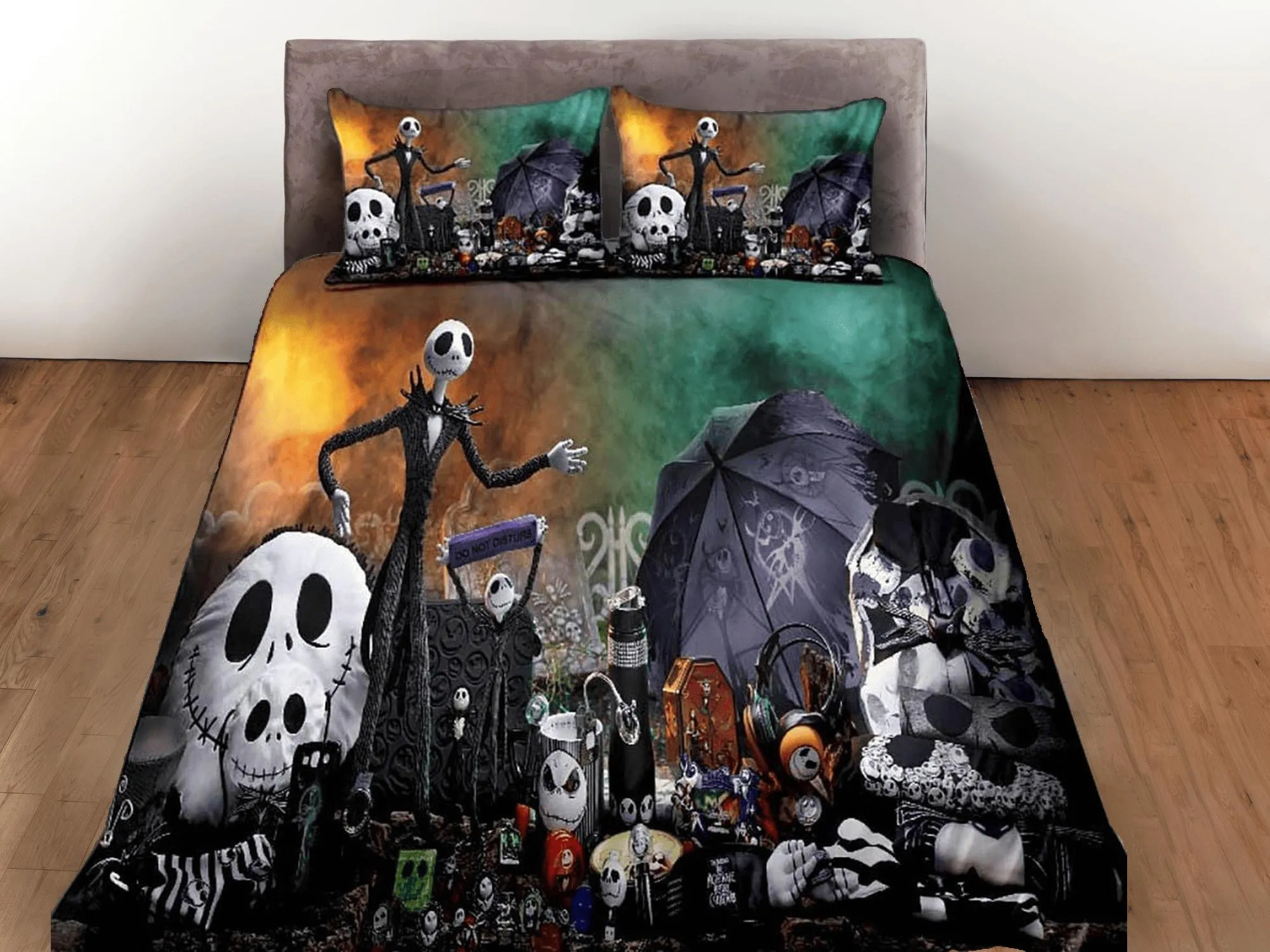 Cute skeleton family halloween bedding & pillowcase, gothic duvet cover, dorm bedding, goth decor toddler bedding, halloween gift