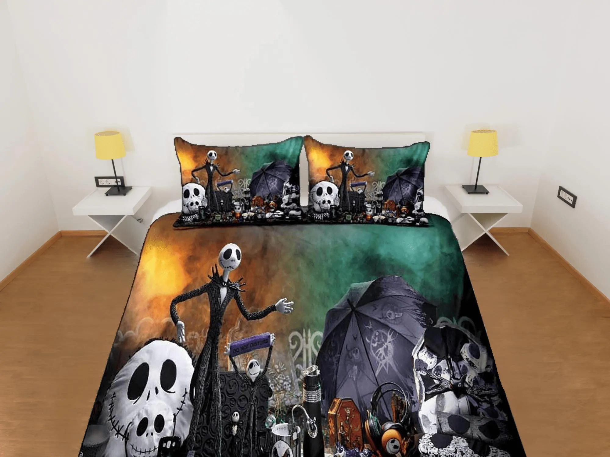 Cute skeleton family halloween bedding & pillowcase, gothic duvet cover, dorm bedding, goth decor toddler bedding, halloween gift