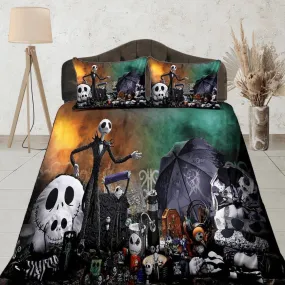 Cute skeleton family halloween bedding & pillowcase, gothic duvet cover, dorm bedding, goth decor toddler bedding, halloween gift