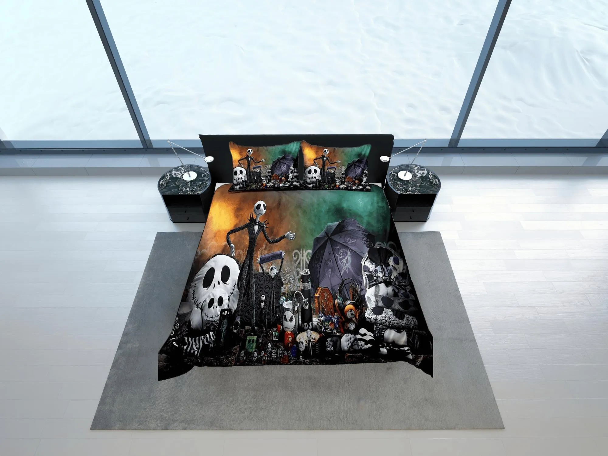 Cute skeleton family halloween bedding & pillowcase, gothic duvet cover, dorm bedding, goth decor toddler bedding, halloween gift