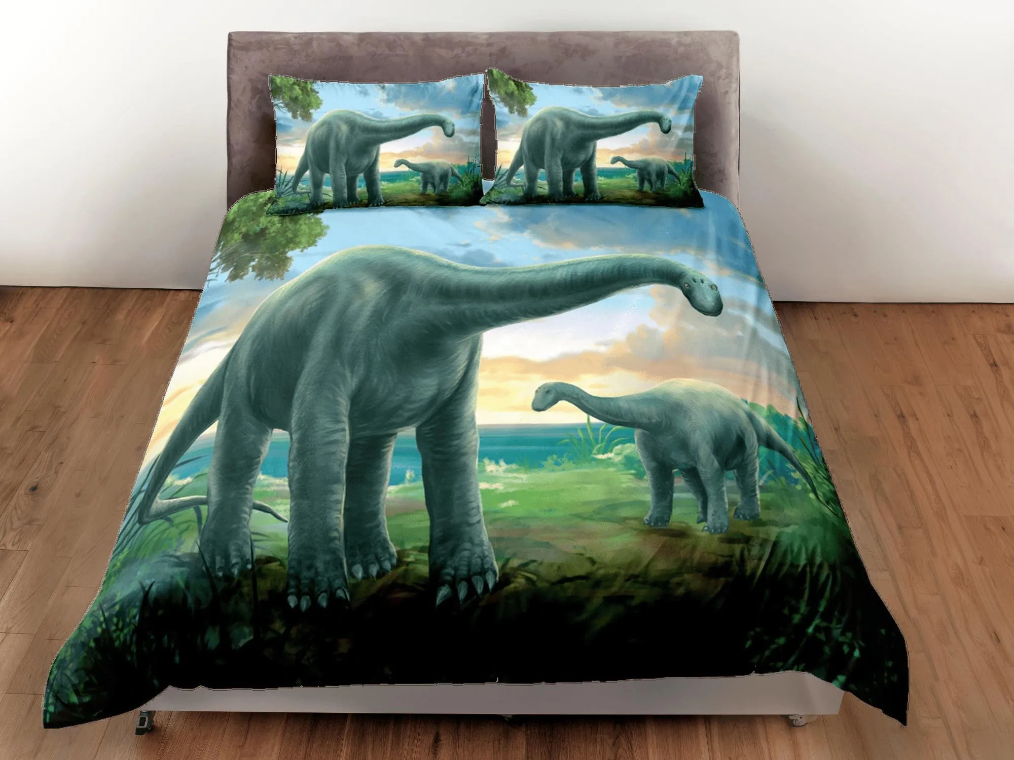 Diplodocus dinosaur green bedding, adult duvet cover, dorm bedding, teen boys bedding set full, animal prints duvet cover set, dinosaur gift