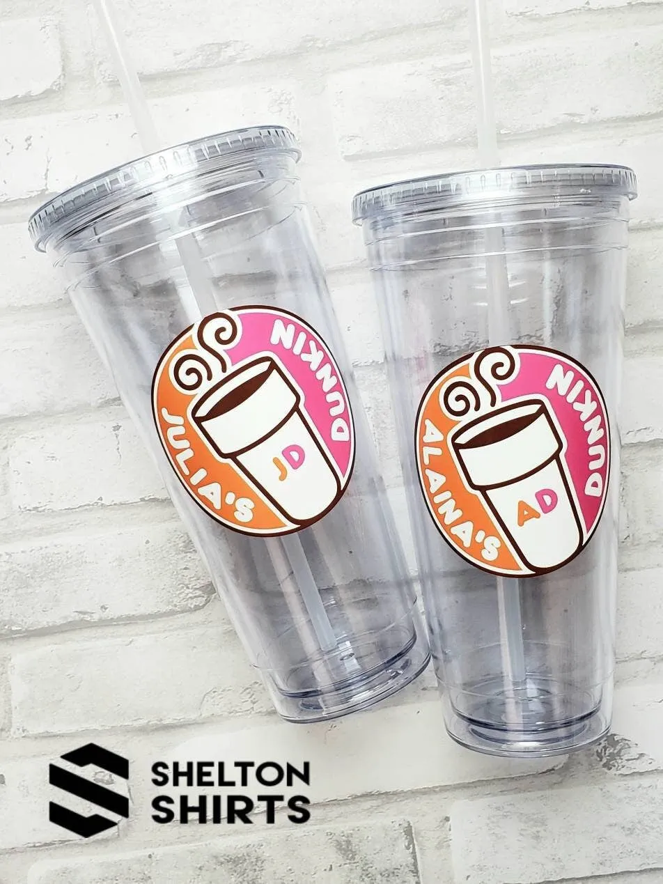 Dunkin donuts inspired printed decal on double wall high grade acrylic tumbler