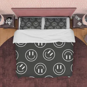 Emoji Black and White Duvet Cover Set, Happy Face Blanket Cover Retro Printed Bedding Set, 90s Nostalgia Quilt Cover, Groovy Bedspread