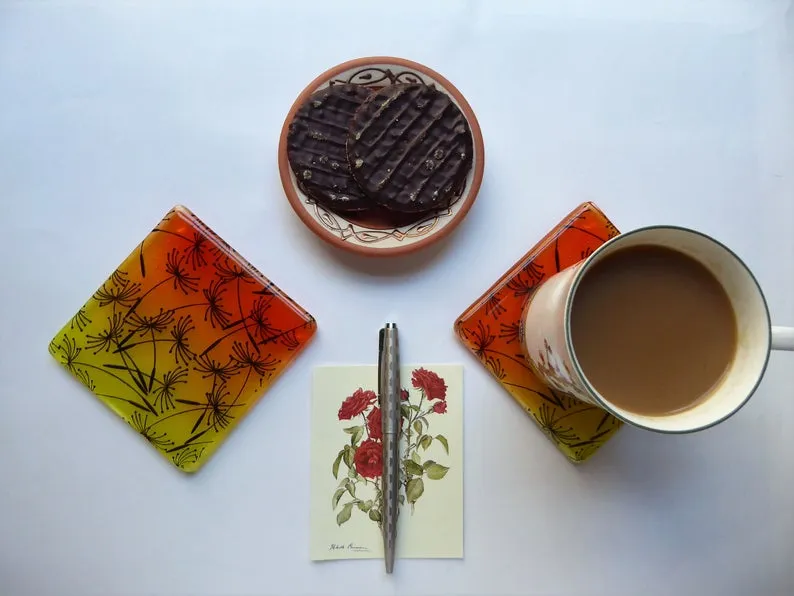 Eva Glass Design Orange and yellow dandelion fused glass coaster (EGD  CCS)