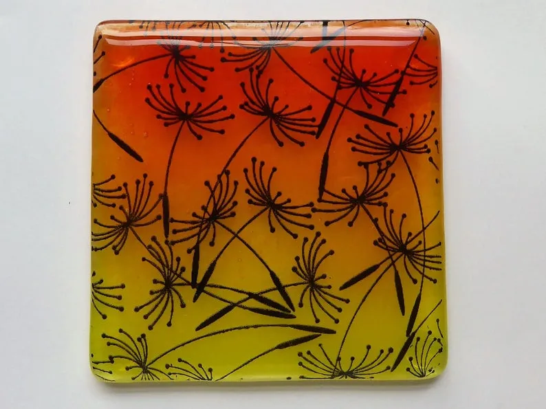 Eva Glass Design Orange and yellow dandelion fused glass coaster (EGD  CCS)