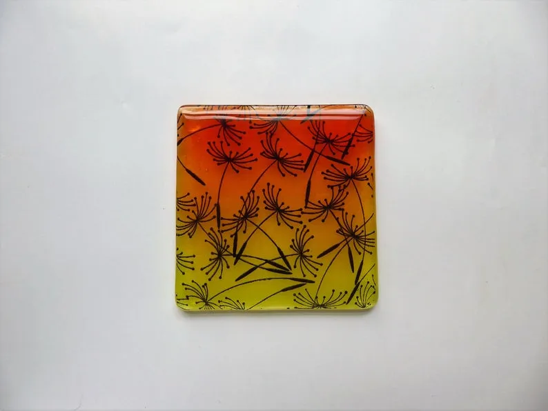 Eva Glass Design Orange and yellow dandelion fused glass coaster (EGD  CCS)