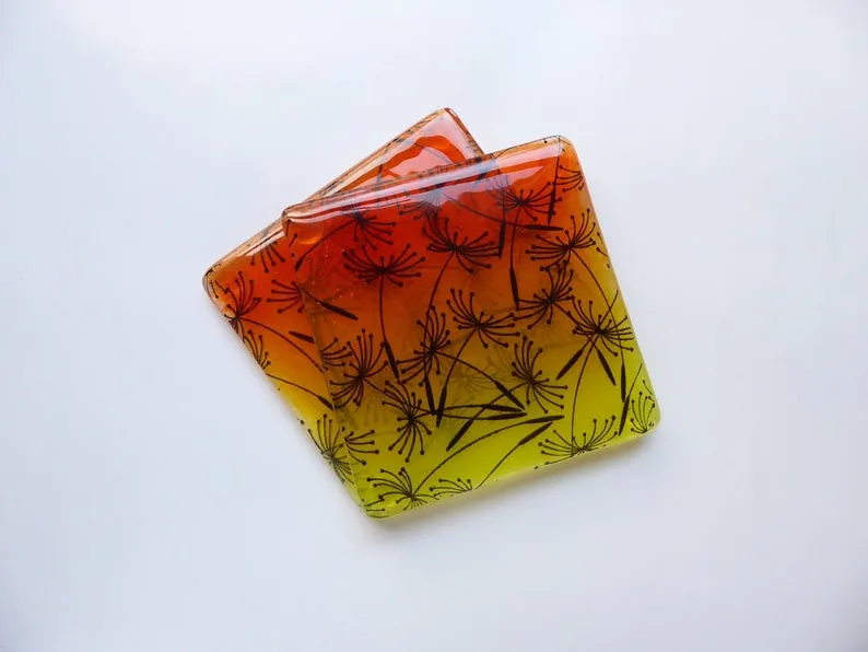 Eva Glass Design Orange and yellow dandelion fused glass coaster (EGD  CCS)