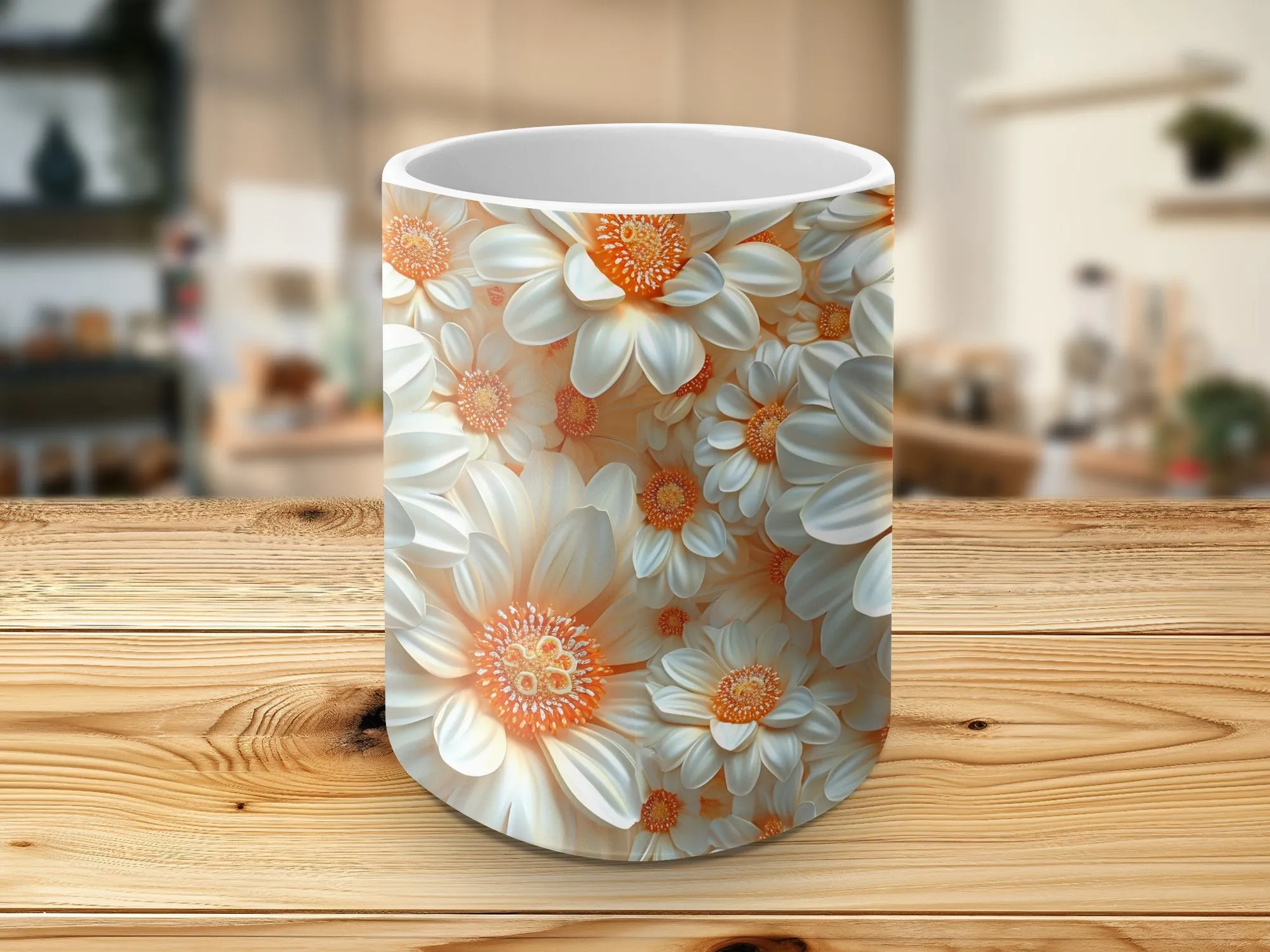 Floral Coffee Mug, White and Orange Daisy Print, Ceramic Tea Cup, Botanical Kitchen Decor, Unique Gift, Spring Flowers, Garden Lovers