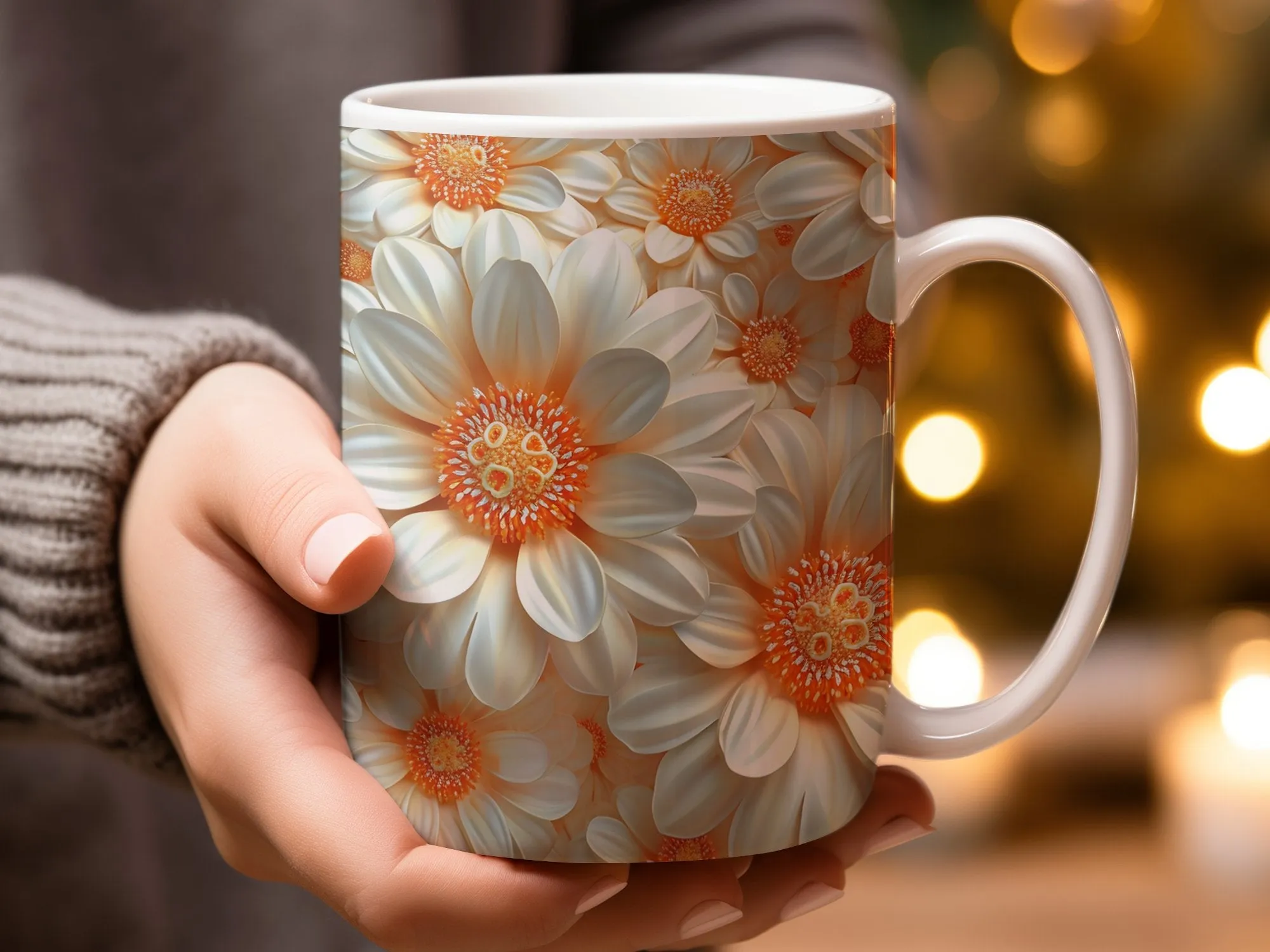 Floral Coffee Mug, White and Orange Daisy Print, Ceramic Tea Cup, Botanical Kitchen Decor, Unique Gift, Spring Flowers, Garden Lovers