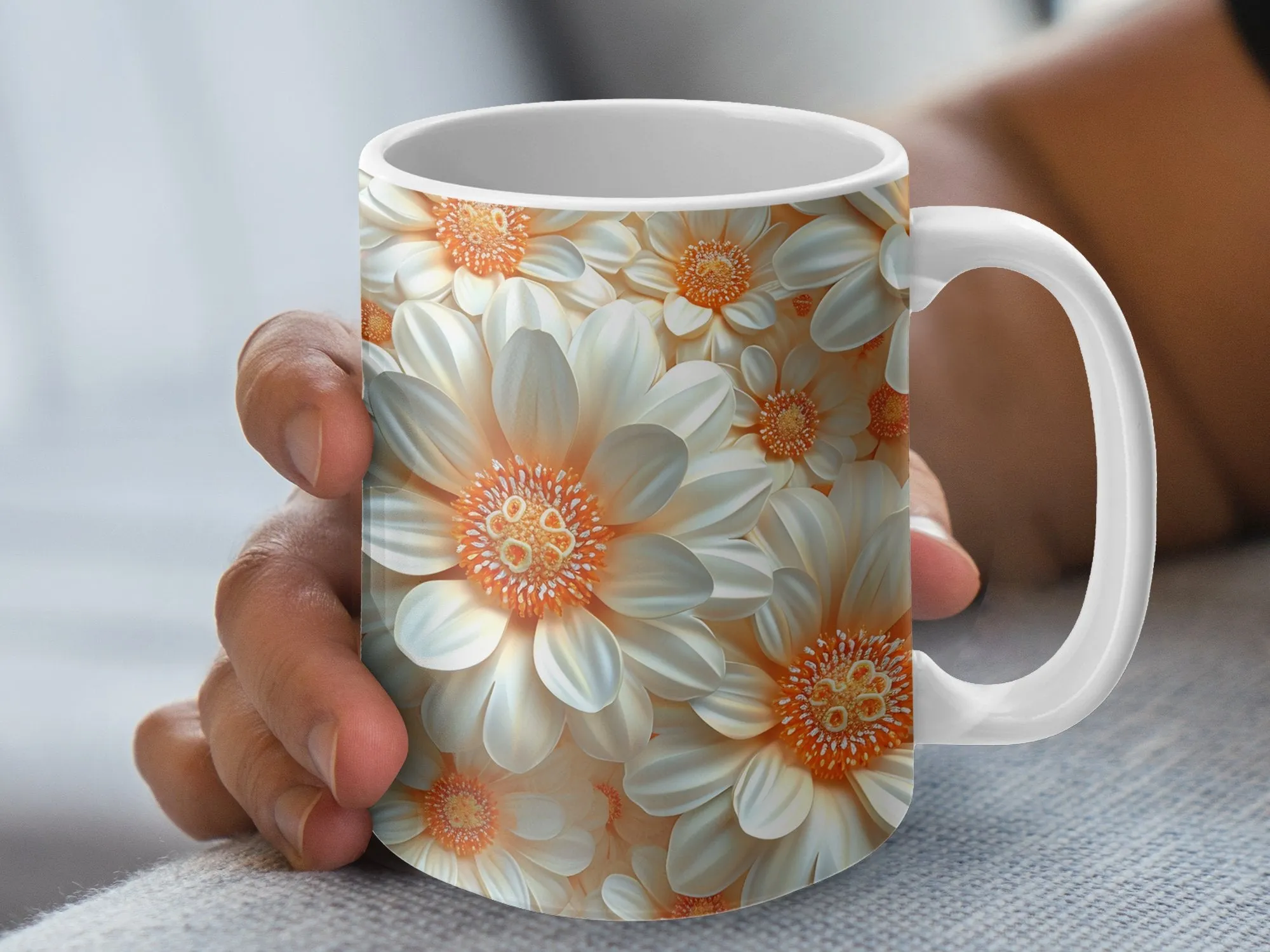 Floral Coffee Mug, White and Orange Daisy Print, Ceramic Tea Cup, Botanical Kitchen Decor, Unique Gift, Spring Flowers, Garden Lovers