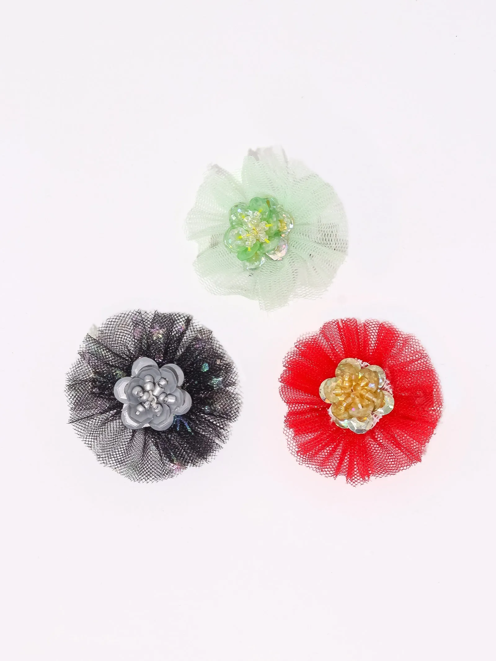 Flower Embellished Alligator Hair Clip Set- Red Black & Light Green