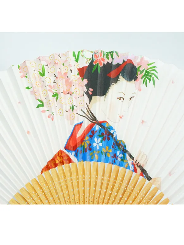 Folding Fan. made in Kyoto, Japan. Japanese Hand Fan.  "Kimono Women / White"