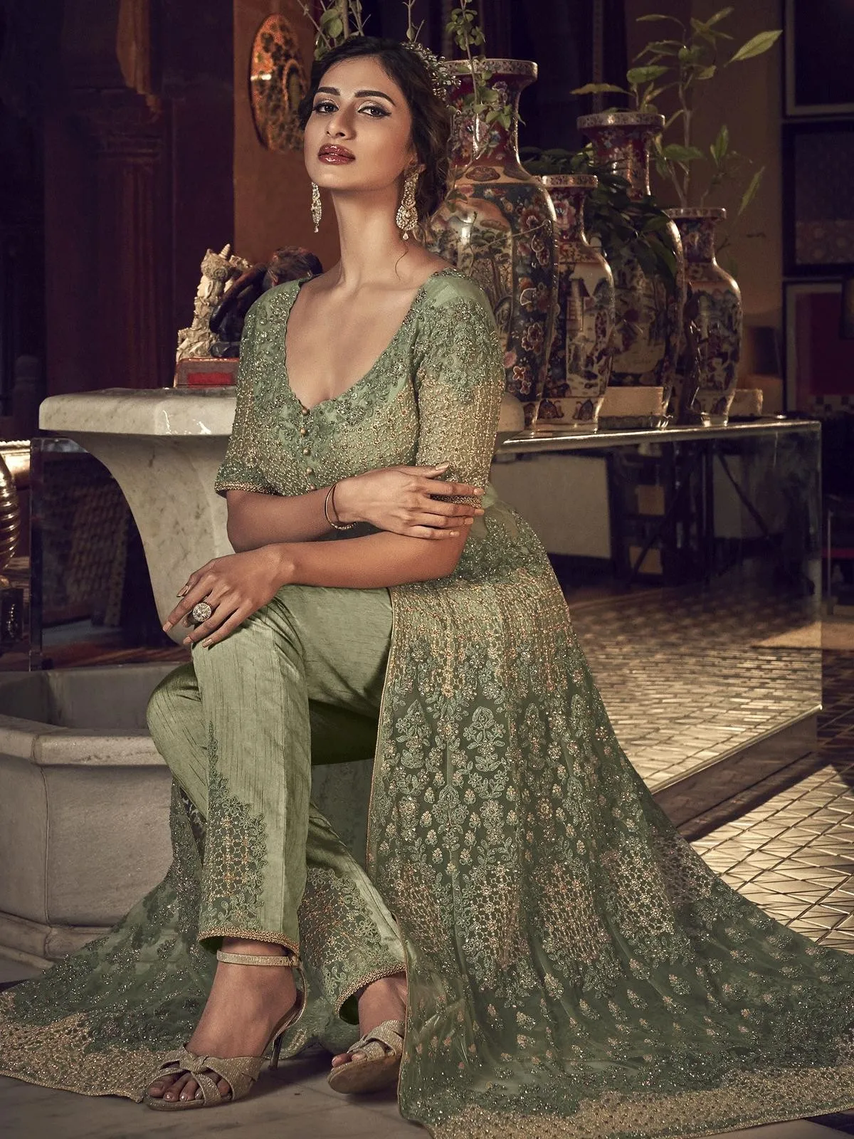 Green Embroidered Traditional Anarkali Suit