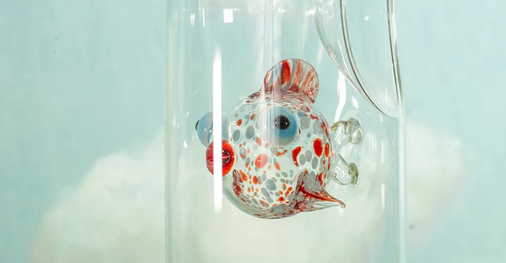 Handblown Glass Red and Blue Fish Carafe, 24.5cm