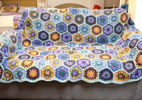 Hexagon Motif Pattern Hand Crochet Blue Multicolor Woolen Blanket/Throw