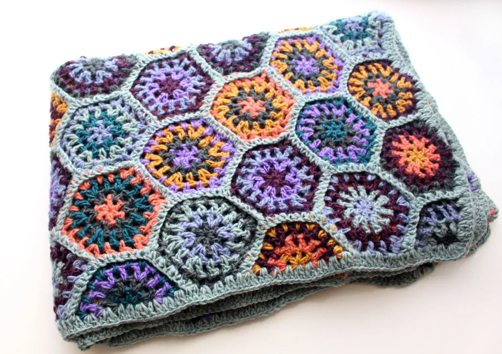 Hexagon Motif Pattern Hand Crochet Blue Multicolor Woolen Blanket/Throw