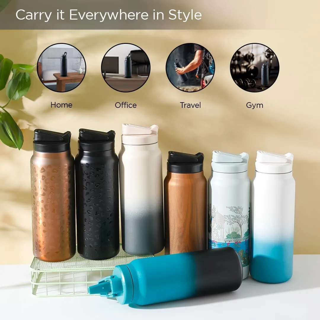 Homestic Water Bottle | Vacuum Insulated Travel Bottle | Gym Water Bottle | Hot & Cold Water Bottle | Water Bottle with Sipper Cap | DA230803 | 900 ML | White & Blue