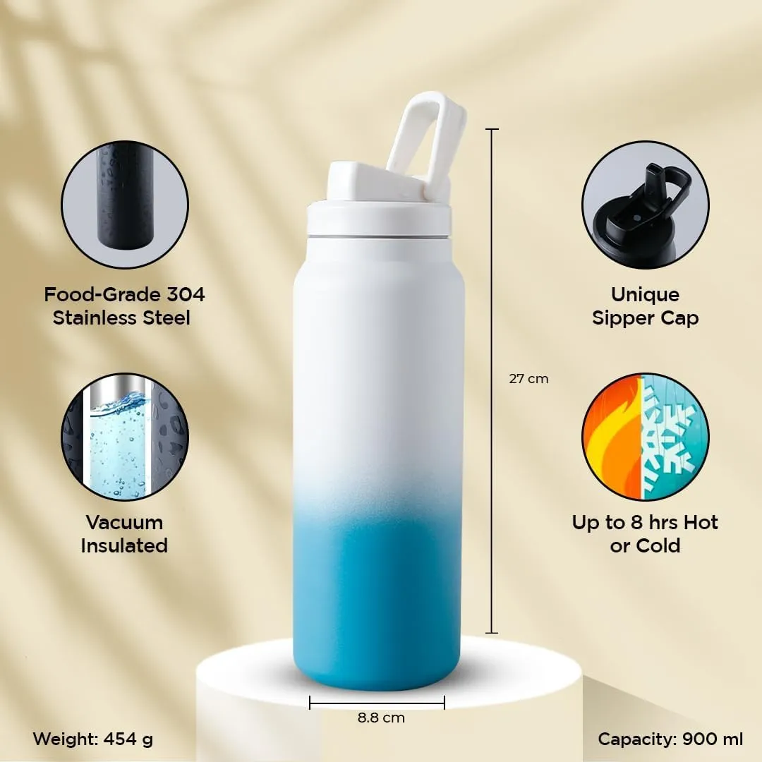 Homestic Water Bottle | Vacuum Insulated Travel Bottle | Gym Water Bottle | Hot & Cold Water Bottle | Water Bottle with Sipper Cap | DA230803 | 900 ML | White & Blue