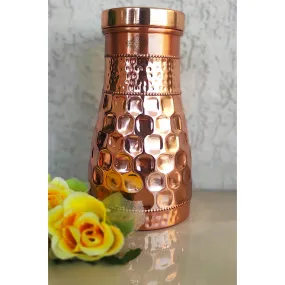 Indian Art Villa Handcrafted Pure Copper Diamond Hammered Design Bedroom Bottle with Inbuilt Glass, Volume- 850 ML