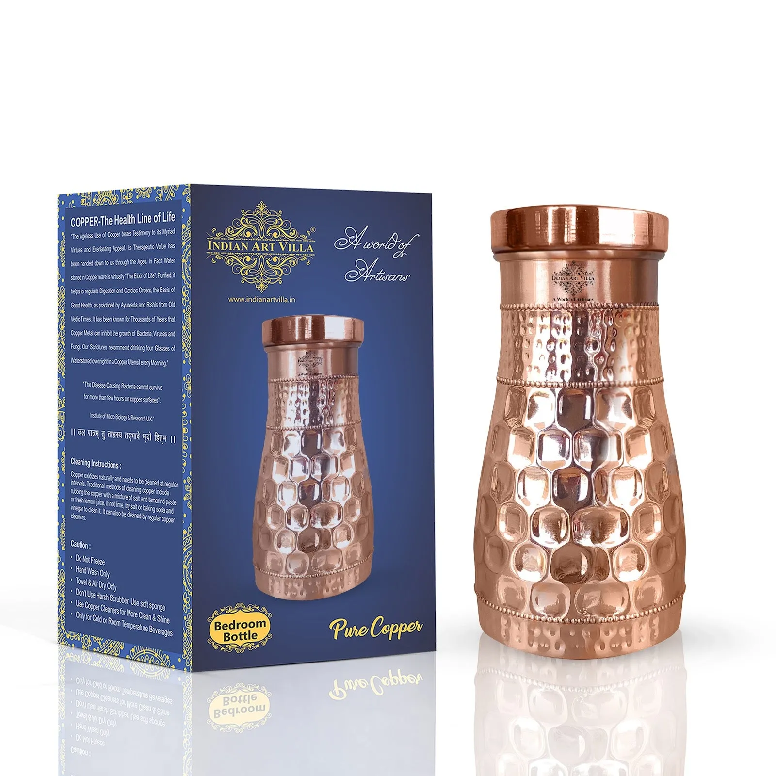 Indian Art Villa Handcrafted Pure Copper Diamond Hammered Design Bedroom Bottle with Inbuilt Glass, Volume- 850 ML