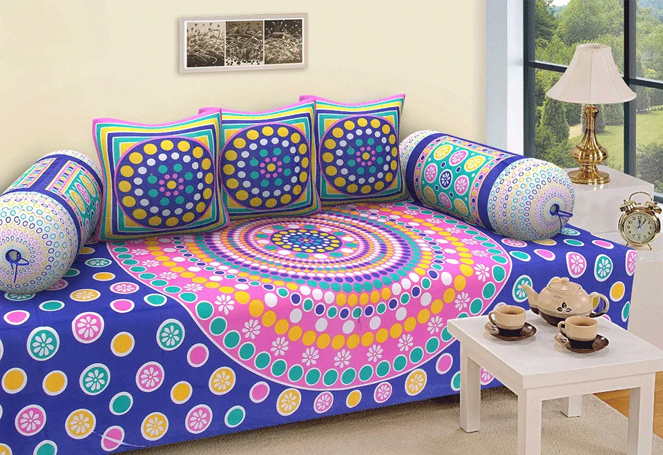 Jaipuri Design Single Bedsheet ( 100% cotton, 6pc set, Diwan set )