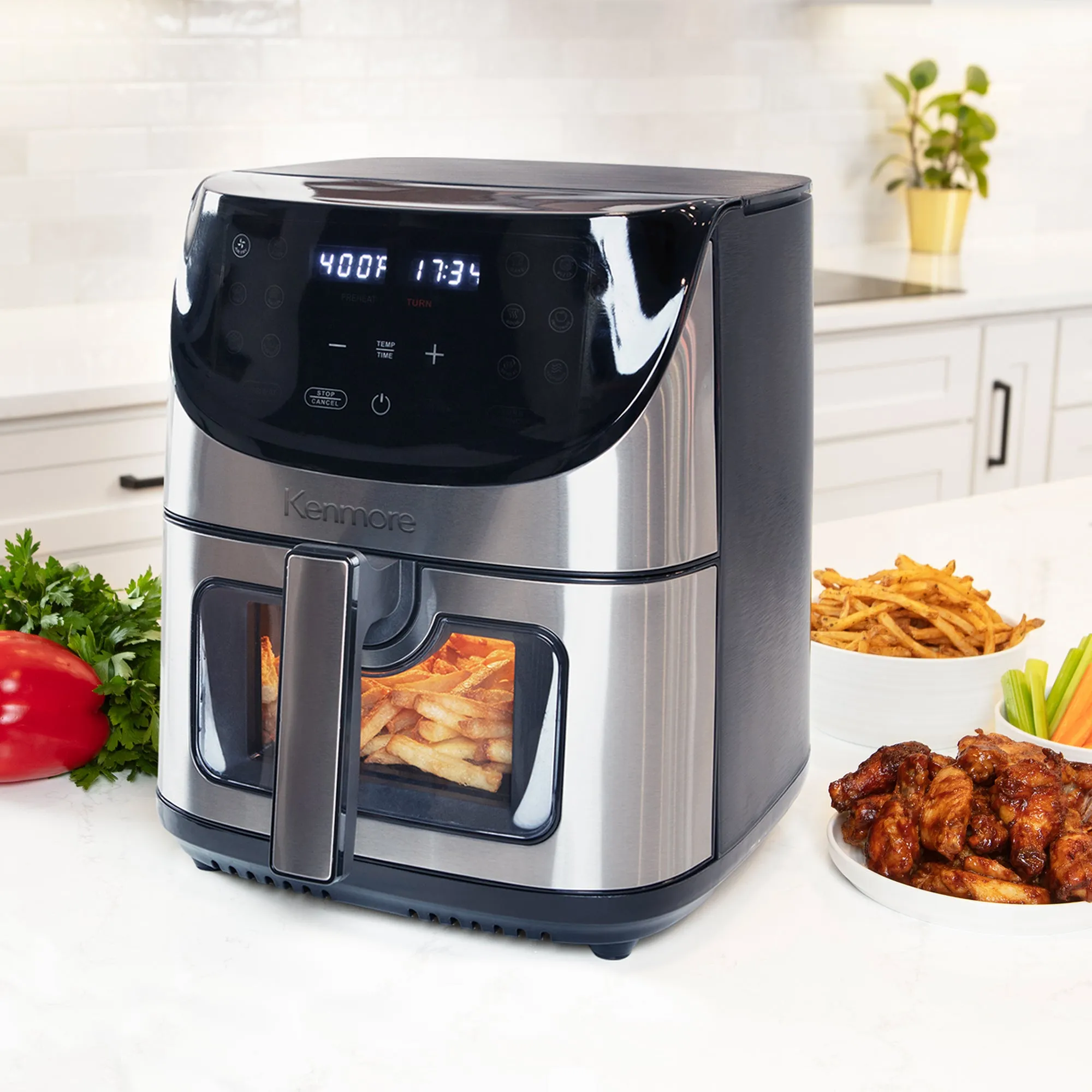 Kenmore 8 Qt Air Fryer, Family Size, 1700W, 12 Preset Cooking Functions, Digital Touch Screen, Programmable Temperature & Timer, Viewing Window, Roast Bake Broil Dehydrate Reheat, Stainless Steel