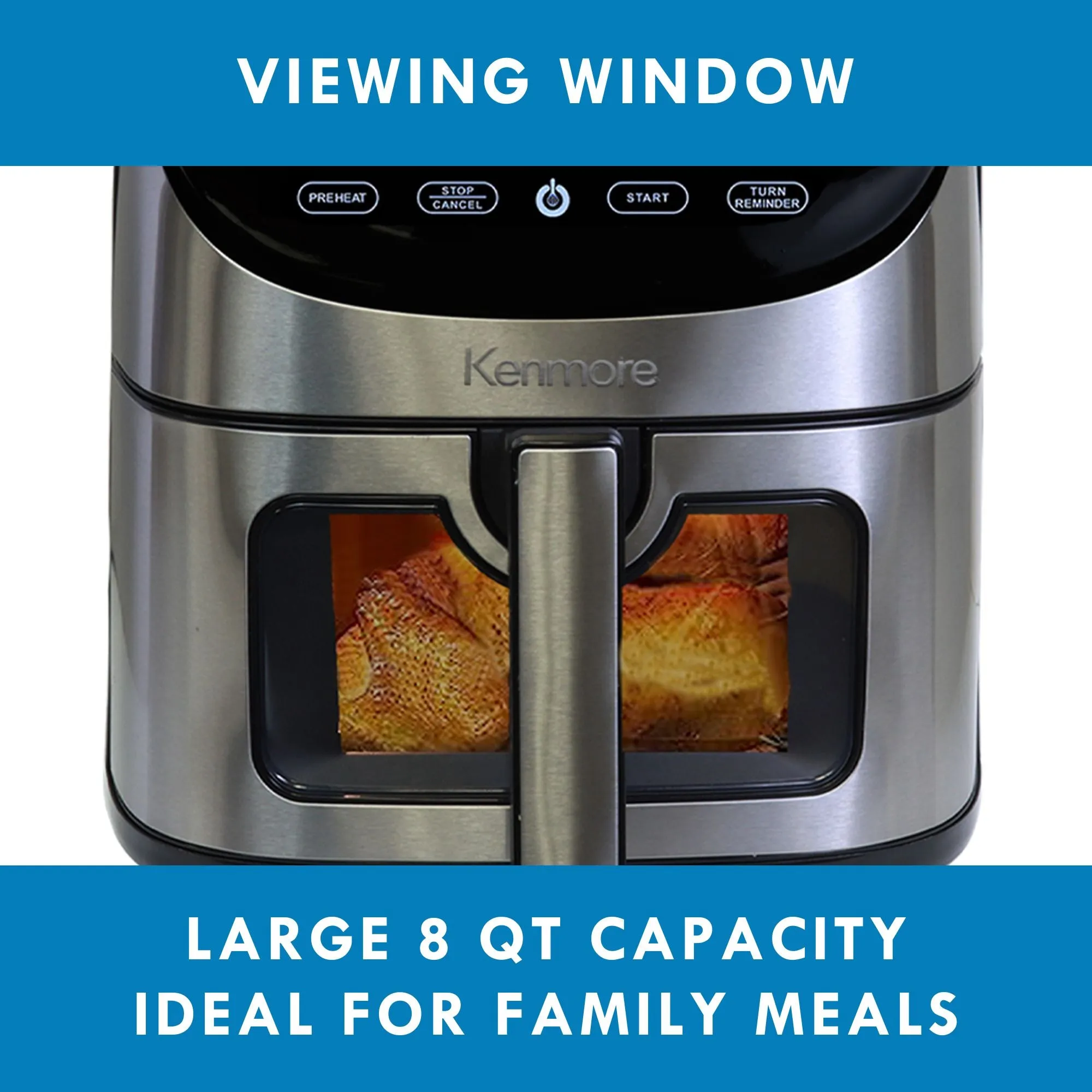 Kenmore 8 Qt Air Fryer, Family Size, 1700W, 12 Preset Cooking Functions, Digital Touch Screen, Programmable Temperature & Timer, Viewing Window, Roast Bake Broil Dehydrate Reheat, Stainless Steel