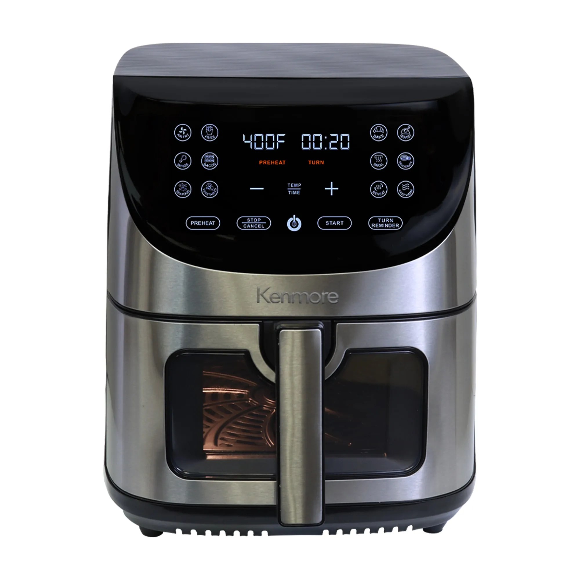 Kenmore 8 Qt Air Fryer, Family Size, 1700W, 12 Preset Cooking Functions, Digital Touch Screen, Programmable Temperature & Timer, Viewing Window, Roast Bake Broil Dehydrate Reheat, Stainless Steel