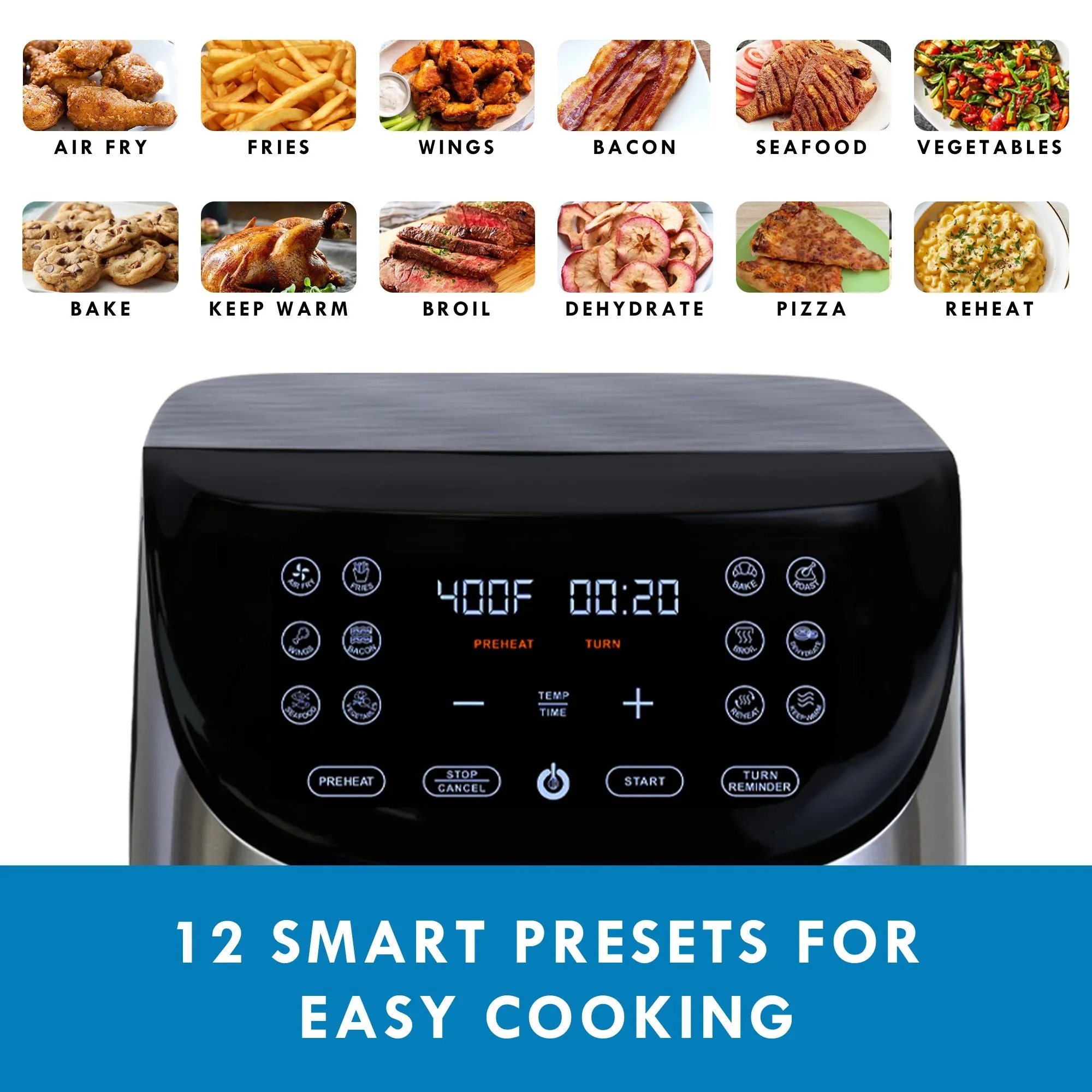 Kenmore 8 Qt Air Fryer, Family Size, 1700W, 12 Preset Cooking Functions, Digital Touch Screen, Programmable Temperature & Timer, Viewing Window, Roast Bake Broil Dehydrate Reheat, Stainless Steel