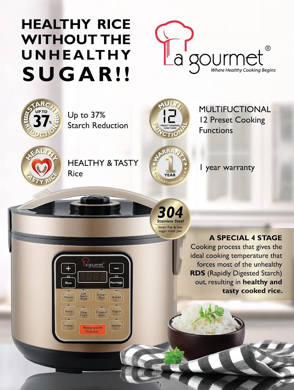 La Gourmet 1.5L Healthy Rice Cooker