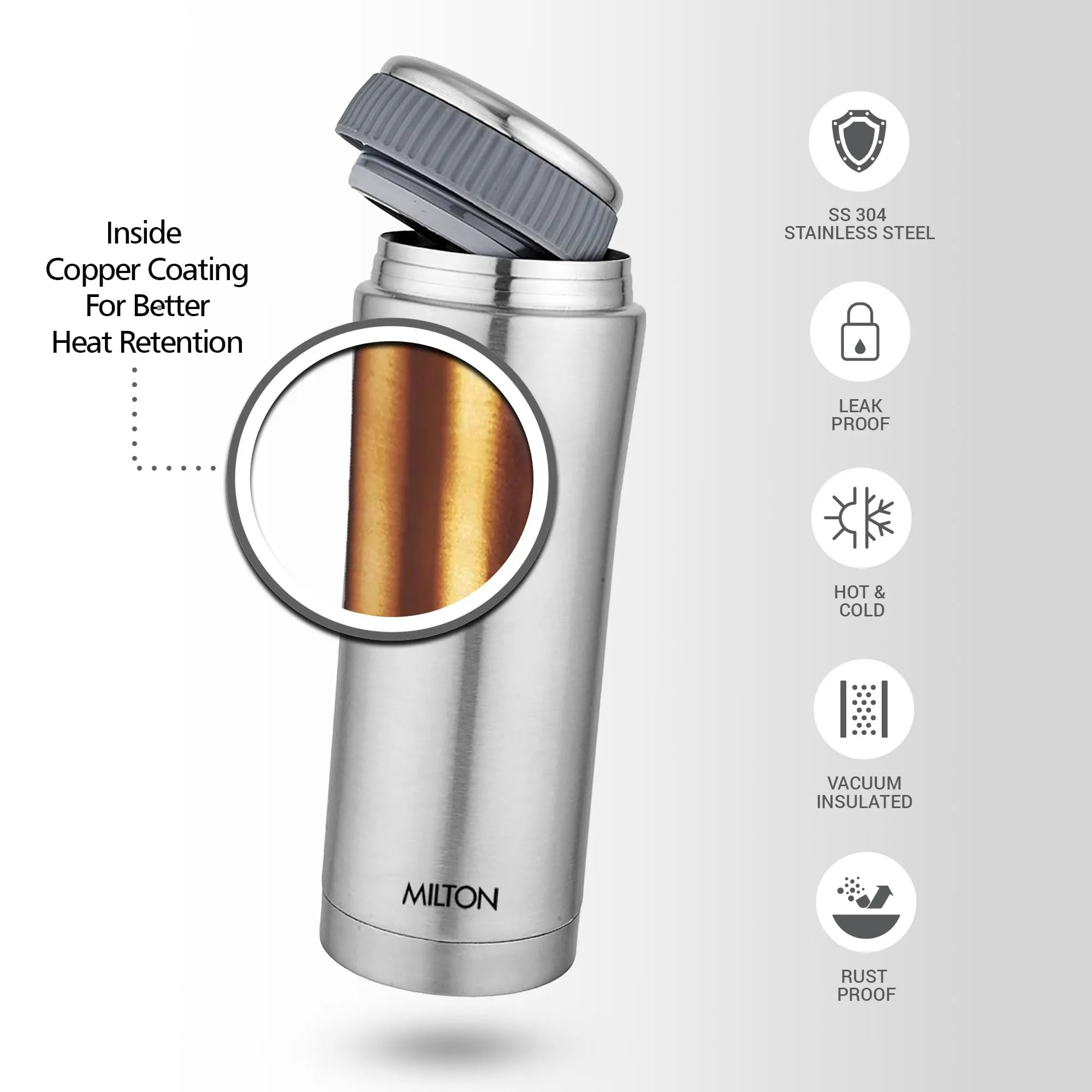 Milton Optima 350 Thermosteel Hot and Cold Flask, 350 ml, Silver | Vacuum Insulated | Rust Proof | Leak Proof | Tea | Coffee | Juice