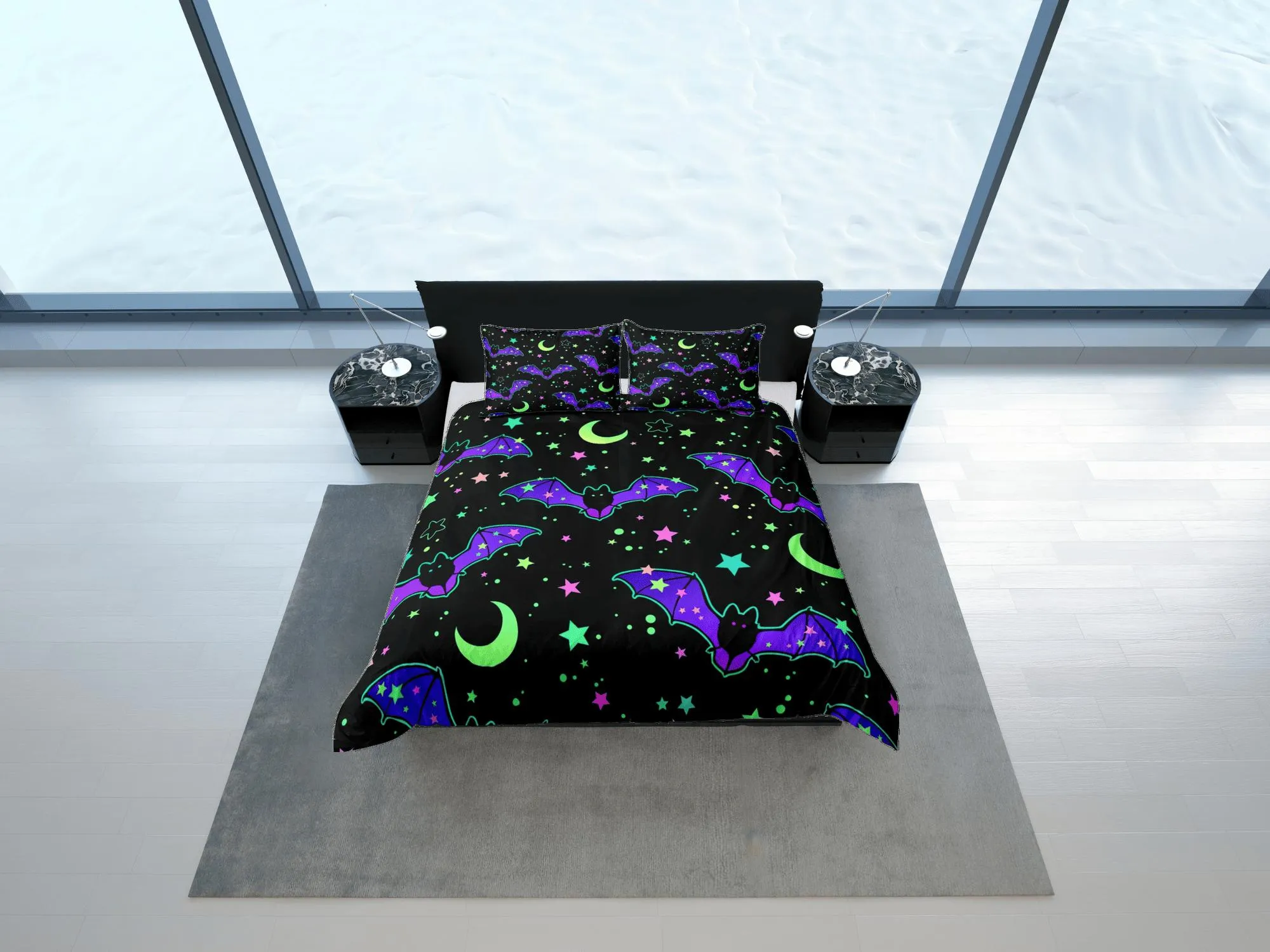 Moon stars and bat 90s neon halloween bedding hippie retro duvet cover, colorful dorm bedding, teens bedroom, adult duvet, toddler bedding