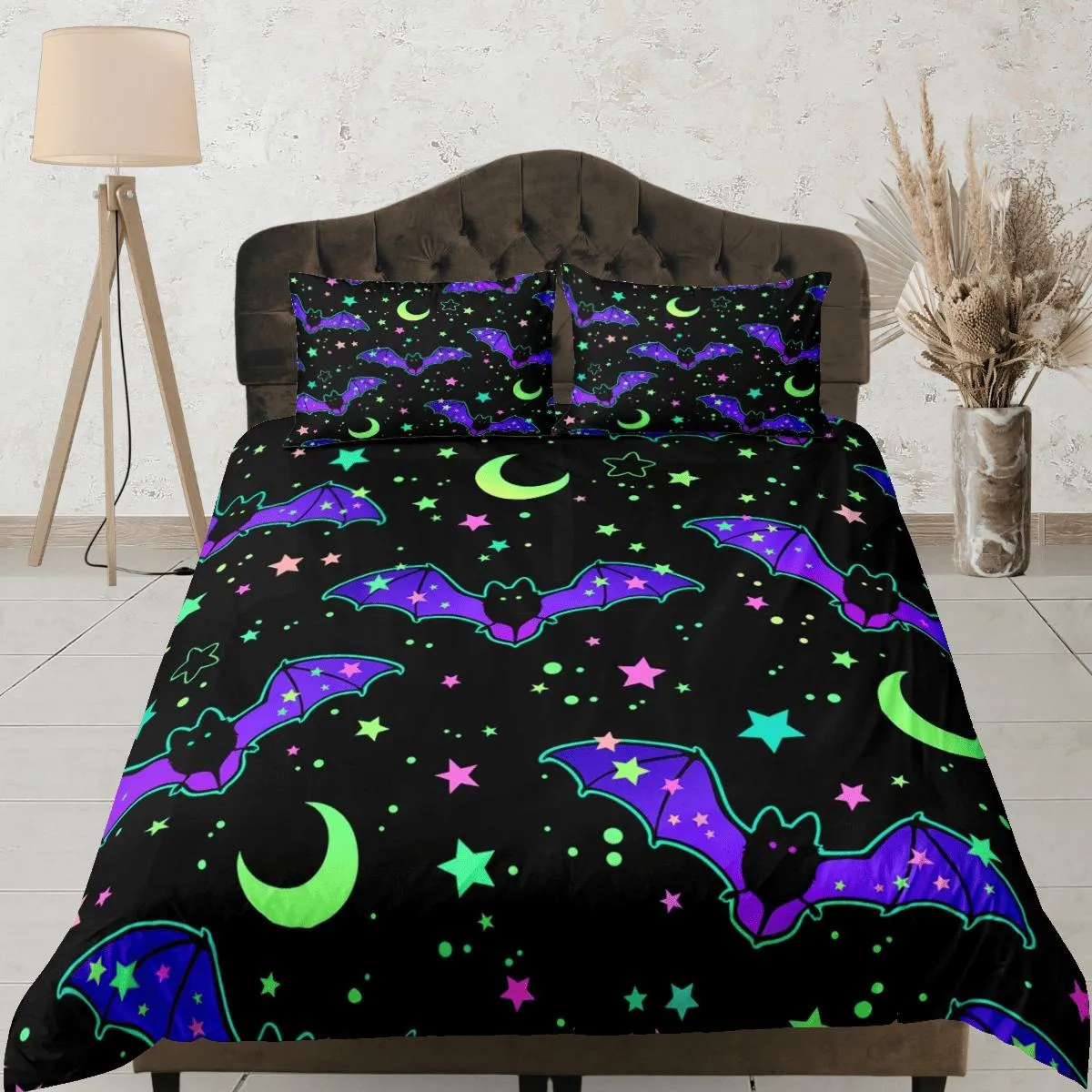 Moon stars and bat 90s neon halloween bedding hippie retro duvet cover, colorful dorm bedding, teens bedroom, adult duvet, toddler bedding