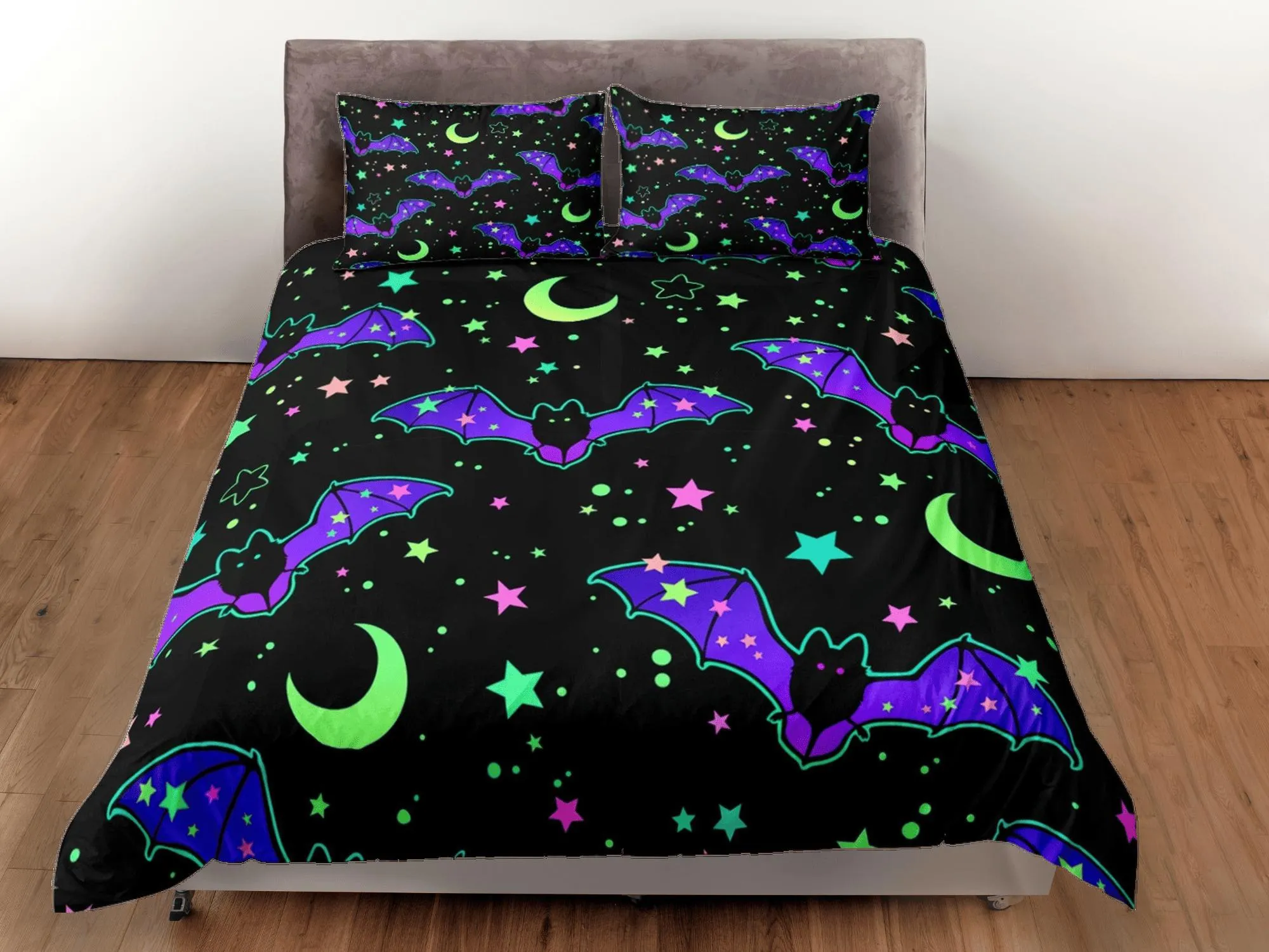 Moon stars and bat 90s neon halloween bedding hippie retro duvet cover, colorful dorm bedding, teens bedroom, adult duvet, toddler bedding