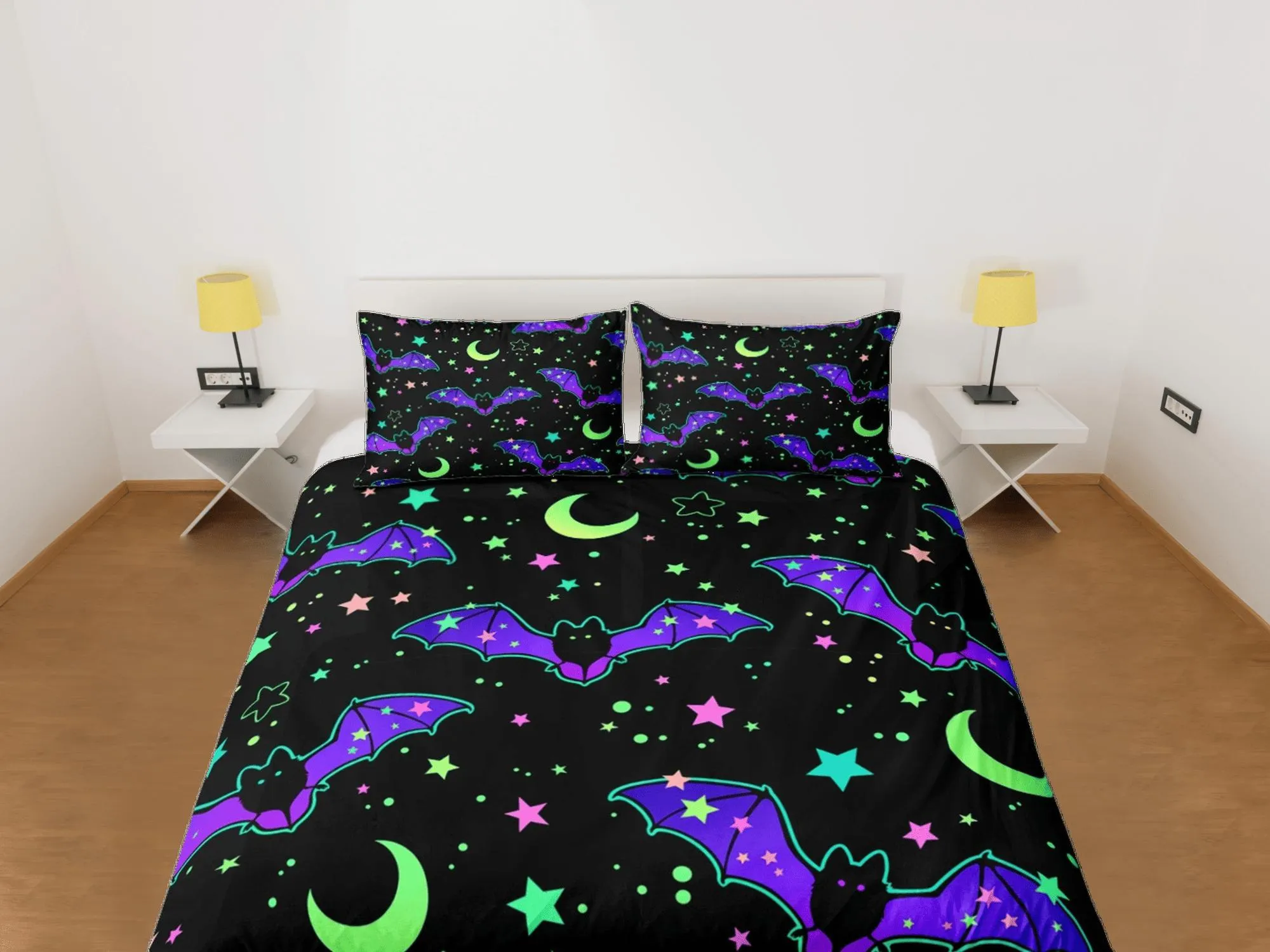 Moon stars and bat 90s neon halloween bedding hippie retro duvet cover, colorful dorm bedding, teens bedroom, adult duvet, toddler bedding