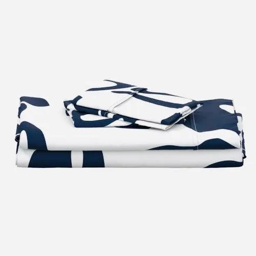 Navy Blue Hawaiian Flowers on White Sheet Set from Surfer Bedding™️ Large Scale