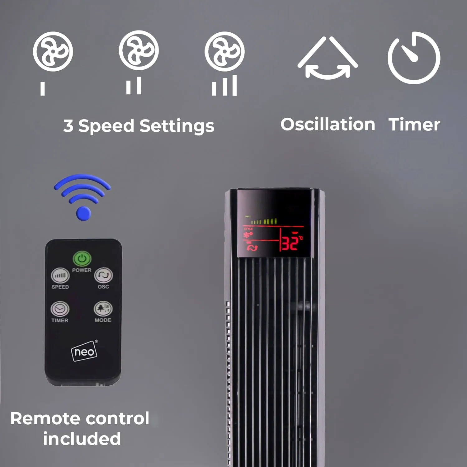 Neo 36” Black Free Standing 3 Speed Tower Fan with Remote Control