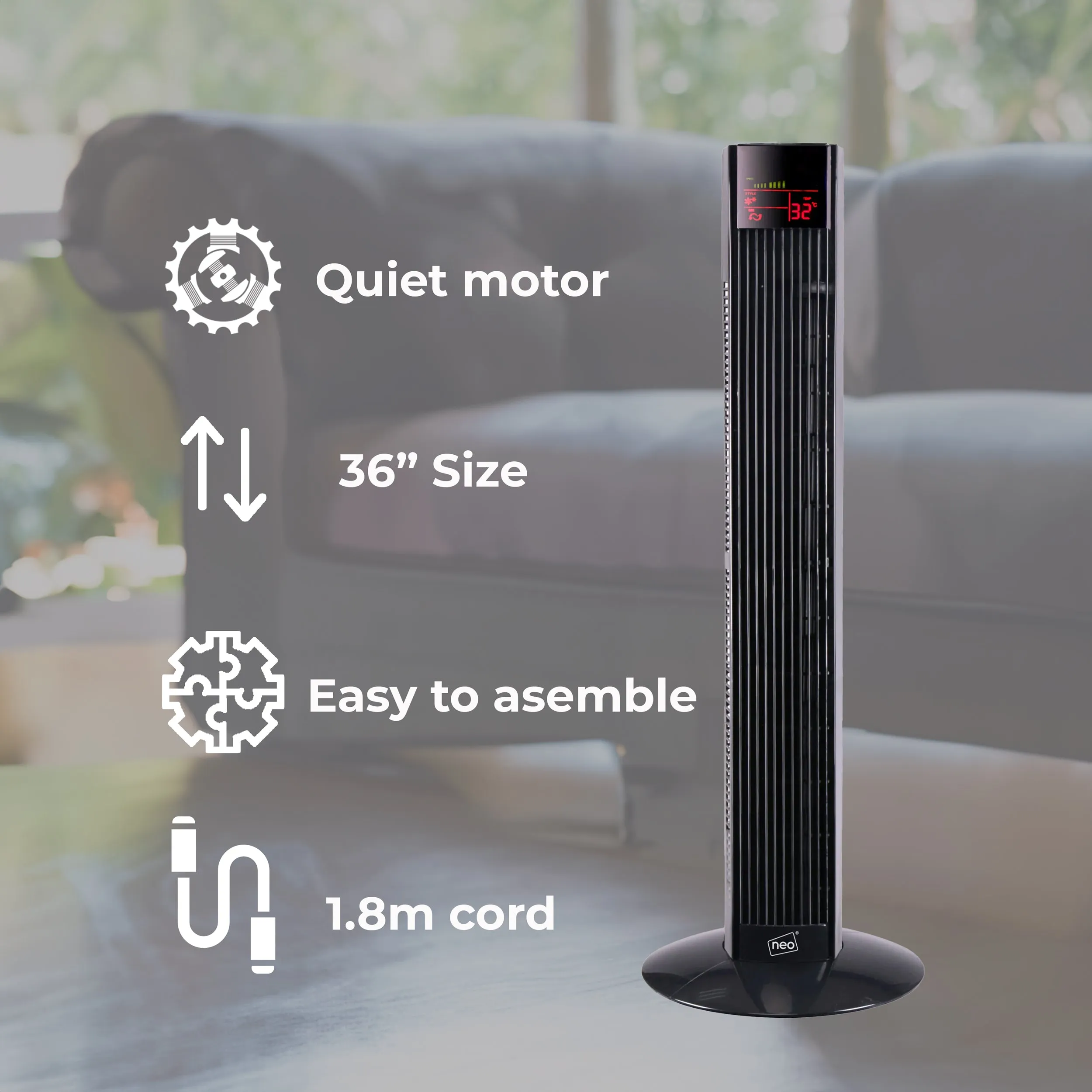 Neo 36” Black Free Standing 3 Speed Tower Fan with Remote Control